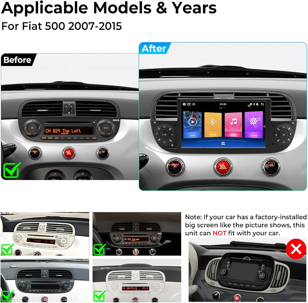 Android Autoradio für FIAT 500 2007-2015, 7-Zoll Radio 2+32GB Headunit mit kabellosem Carplay/Androi