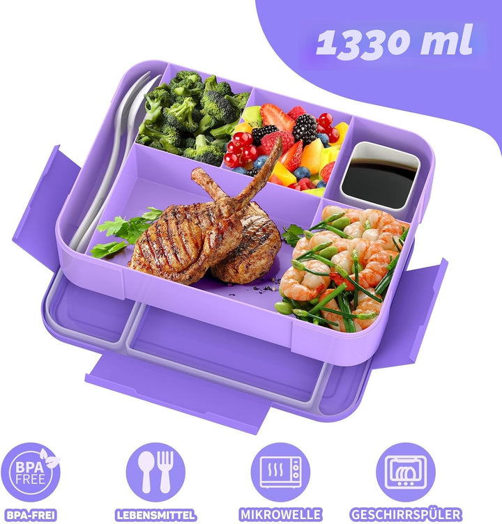 SWVIODMT Brotdose Kinder mit Fächern, 1300 ml Lunchbox für Kinder, Bento Box mit 5 Fächern Besteckse