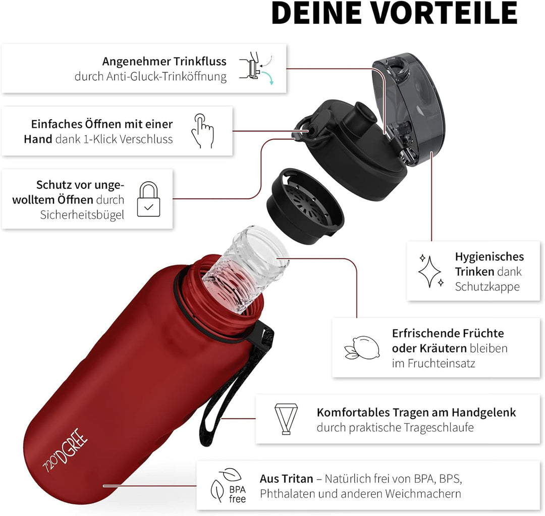720°DGREE Trinkflasche 1,5l “uberBottle“ +Früchtebehälter - BPA-Frei, Auslaufsicher - Wasserflasche