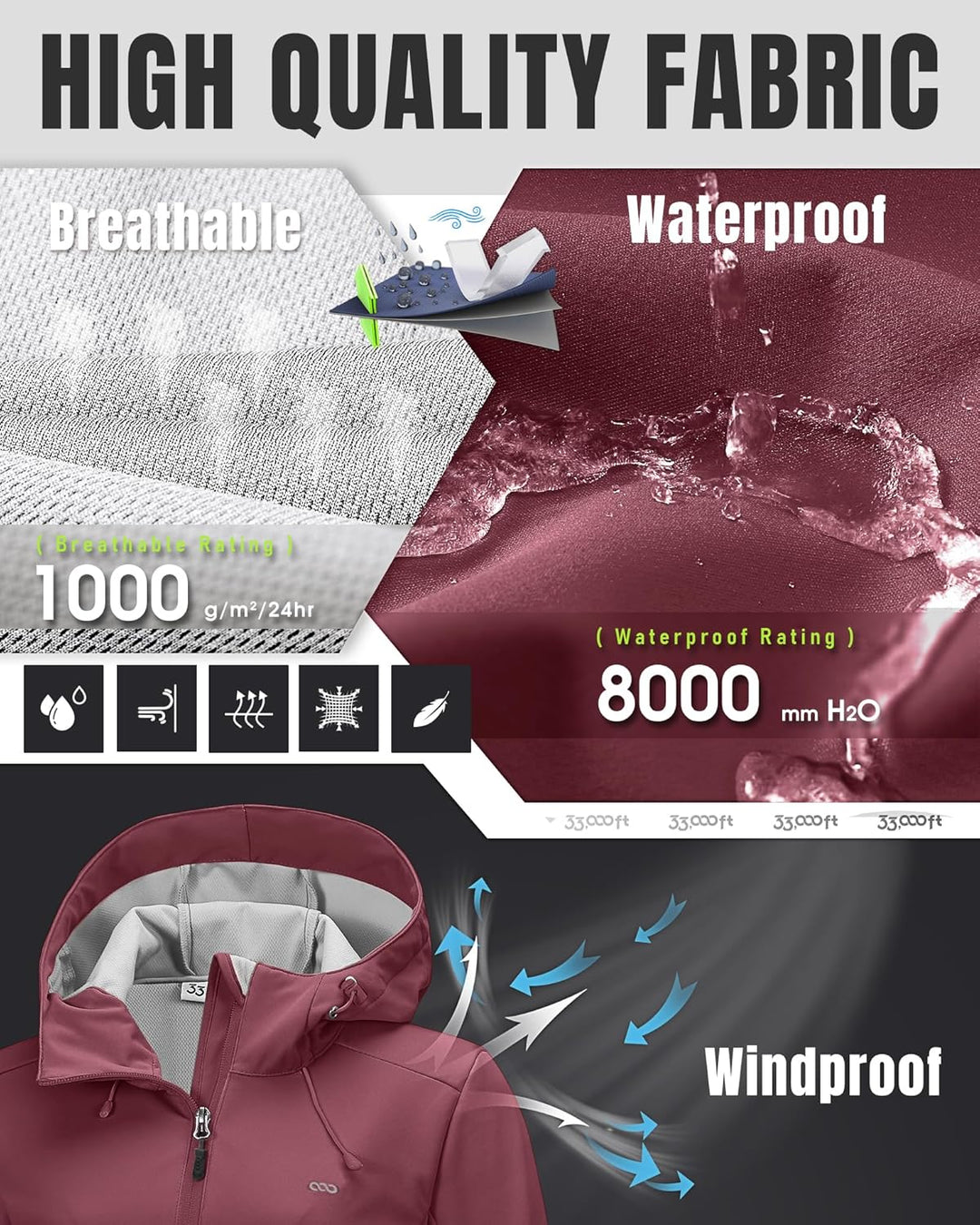 33,000ft Damen Softshelljacke Wasserdichte Winddichte Funktionsjacke Atmungsaktive Übergangsjacke Le