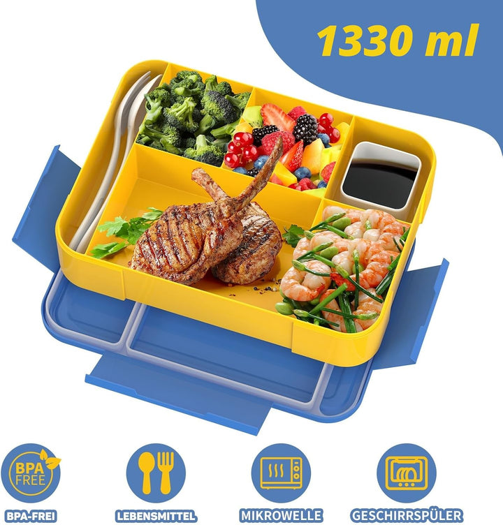 Brotdose Kinder mit Fächern 1300ml, Lunchbox für Kinder, Bento Box mit 5 Fächern Besteckset, auslauf