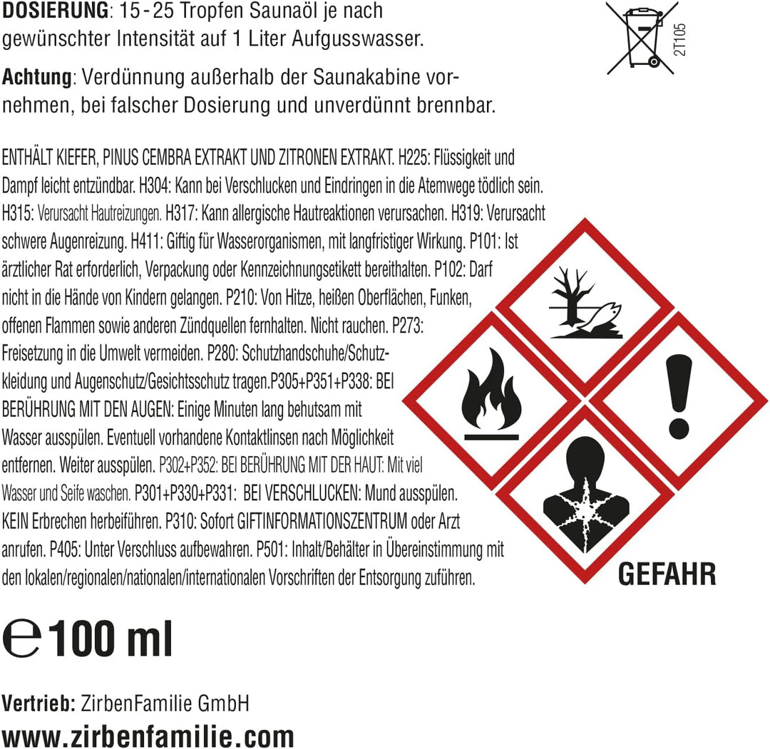 Zirben Familie® Saunaaufguss Zirbe &amp; Zitrone 100ml | Saunaöl aus Zirbelkiefer | Sauna Aufgussmittel