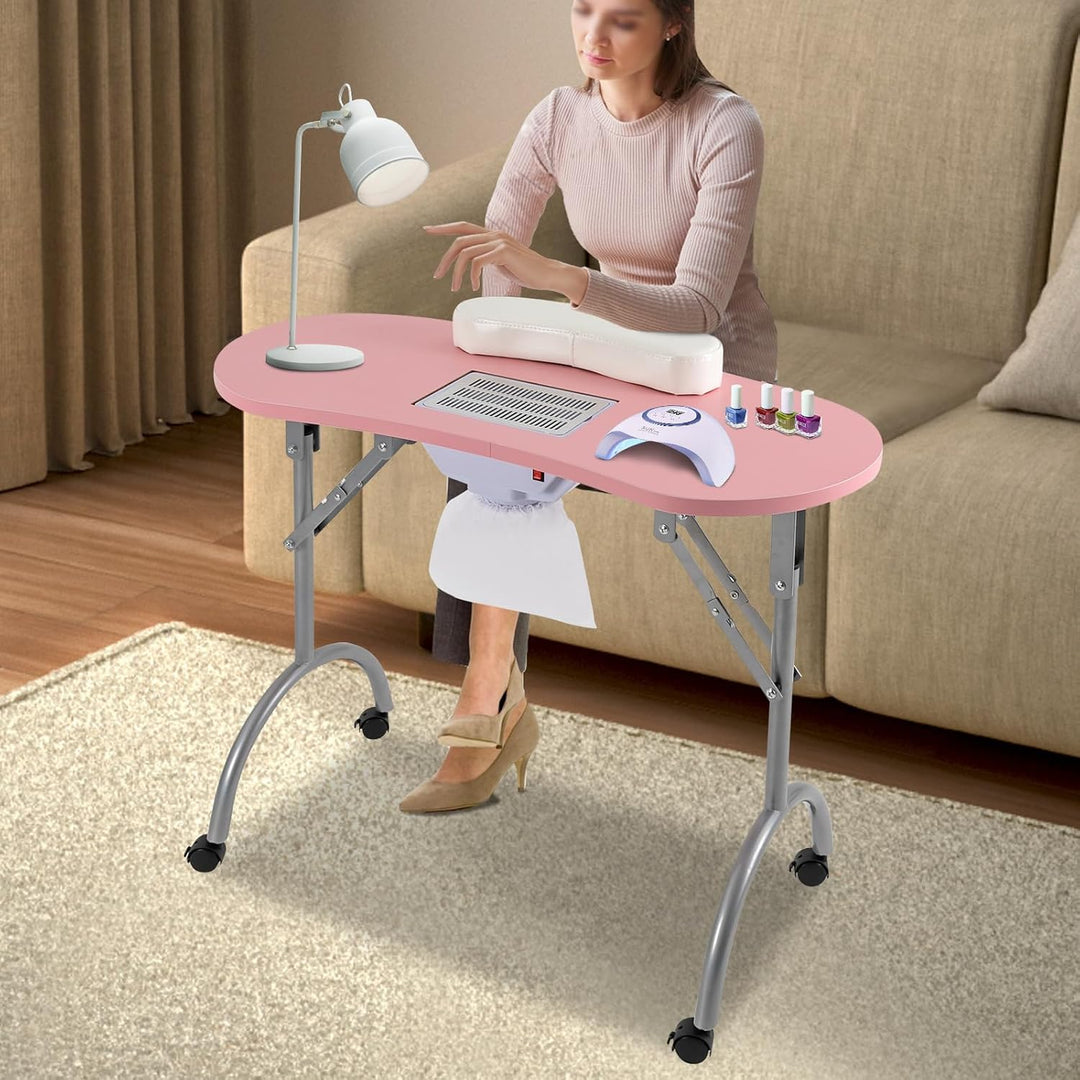 Nageltisch, Manikürtisch mit Absaugung, klappbar, 90 x 40 cm, 4 Rollen, Rosa