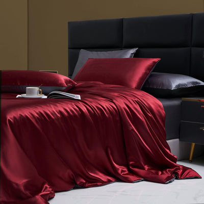 Boqingzhu Satin Glanzsatin Bettwäsche 135x200cm Rot Grau Uni Luxus Seide Wende Bettwäsche Set Weinro