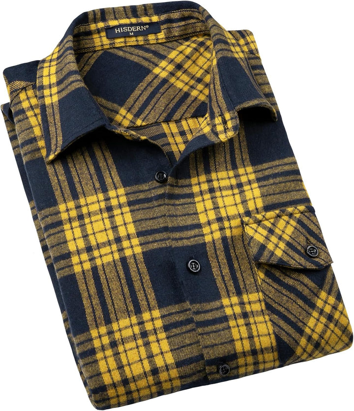 HISDERN Herren Hemd Checked Flanell Shirt, Herren Langarm Oberteil für Männer mit Brusttaschen, Butt