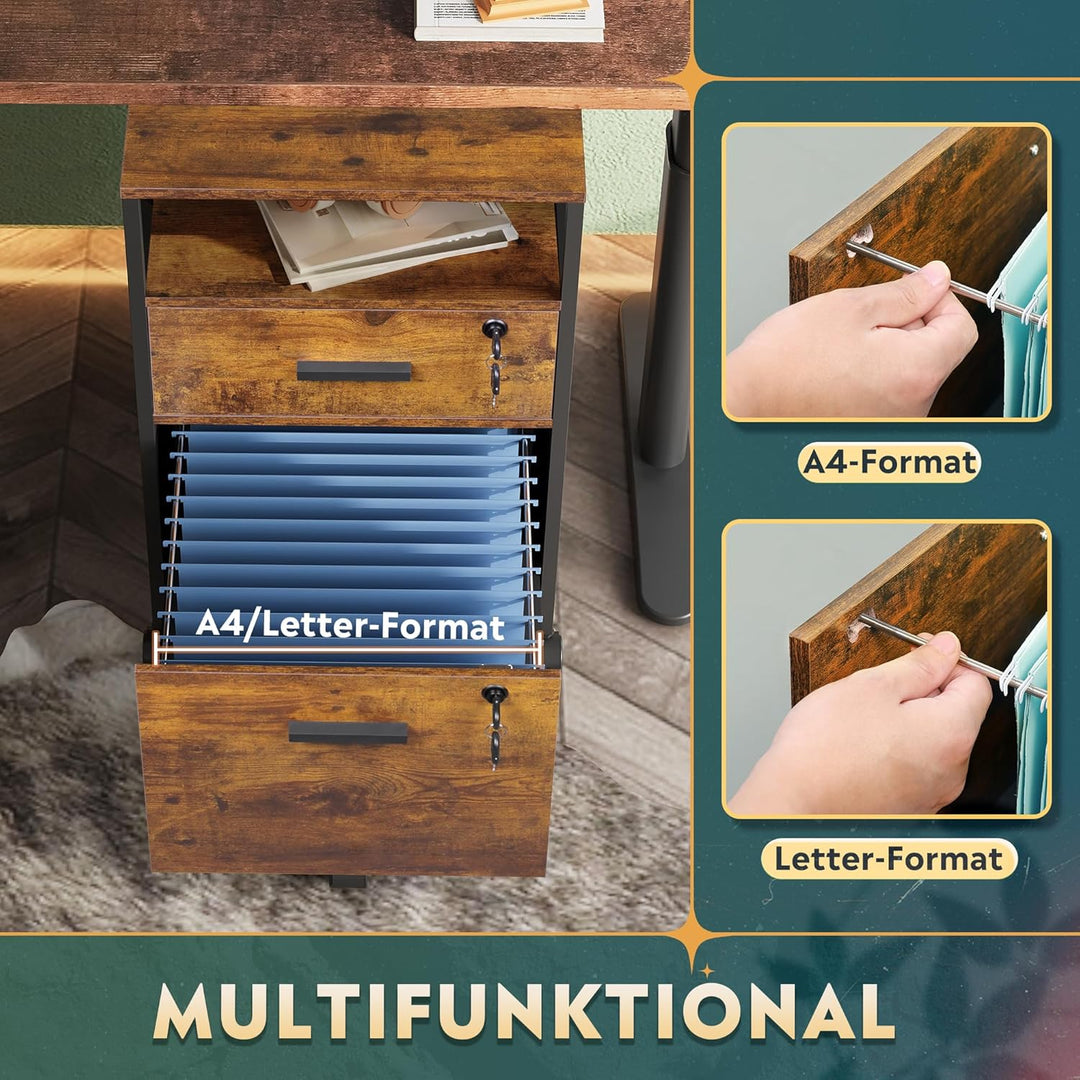 DEVAISE Rollcontainer mit 2 Schubladen und offenen Ablagen, Mobiler Aktenschrank mit Rollen, Drucker