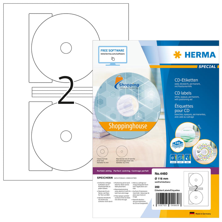 HERMA 4460 CD DVD Etiketten inkl. Zentrierhilfe blickdicht, 100 Blatt, Ø 116 mm MAXI, 2 Stück pro A4