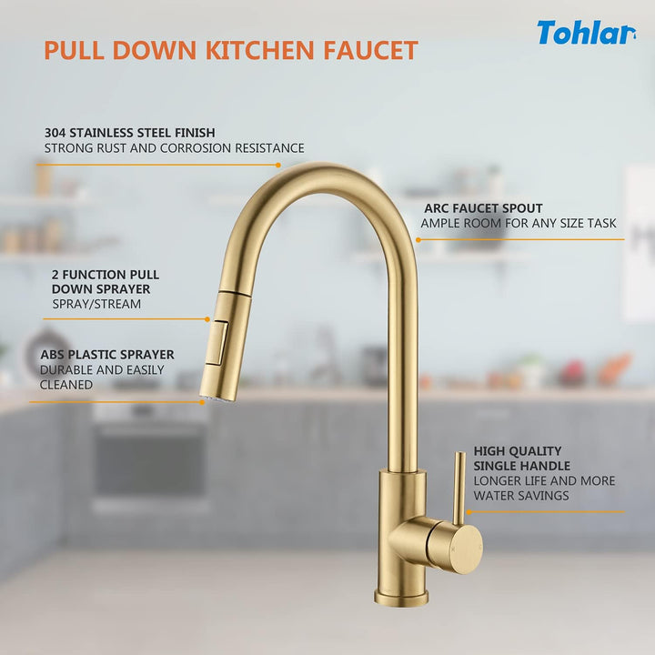 Tohlar Niederdruck Armatur Küche Gold, Niederdruck Wasserhahn Küche mit Ausziehbare Brause, Mischbat