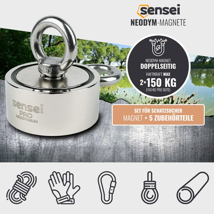 SENSEI Set 150 kg, Doppelseitiger N52 Neodym-Magnet mit 2 Ösen, Ø6 x H2,7 cm, Segelseil 25 m, Schutz