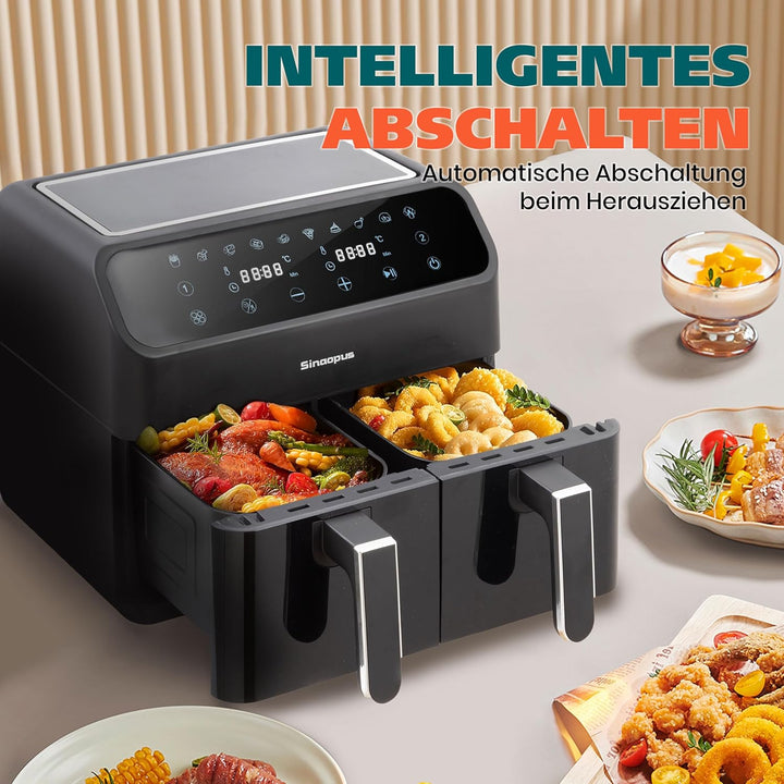 Heissluftfritteuse 9L XXL Profi • 2000W Dual-Zonen Technologie • 10-in-1 Automatikprogramme • 2x Ink