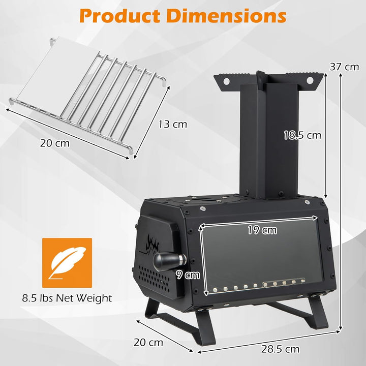KOMFOTTEU Holzofen mit Sichtfenster, Raketenofen tragbar mit 2 Kochflächen, Zeltofen mit Aschepfanne
