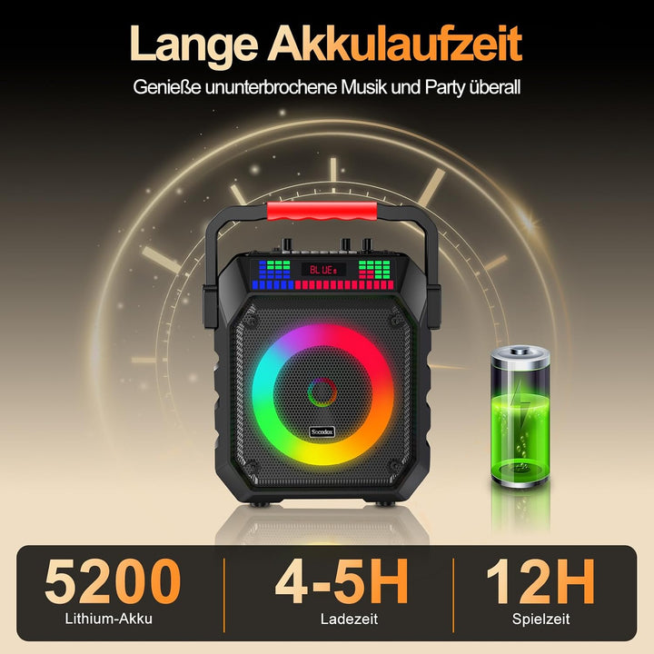 Karaoke Maschine mit 2 Mikrofone, Tragbaren Bluetooth Lautsprecher Box für Erwachsene/Kinder mit Lic