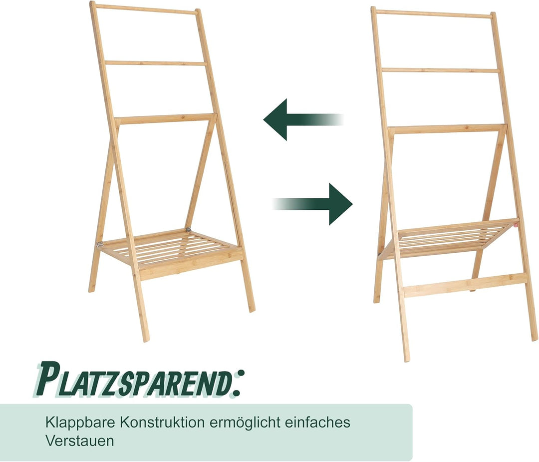 Relaxdays Handtuchständer Bambus, klappbar, Ablage, 3 Stangen, HxBxT: 112 x 55 x 44,5 cm, Handtuchab