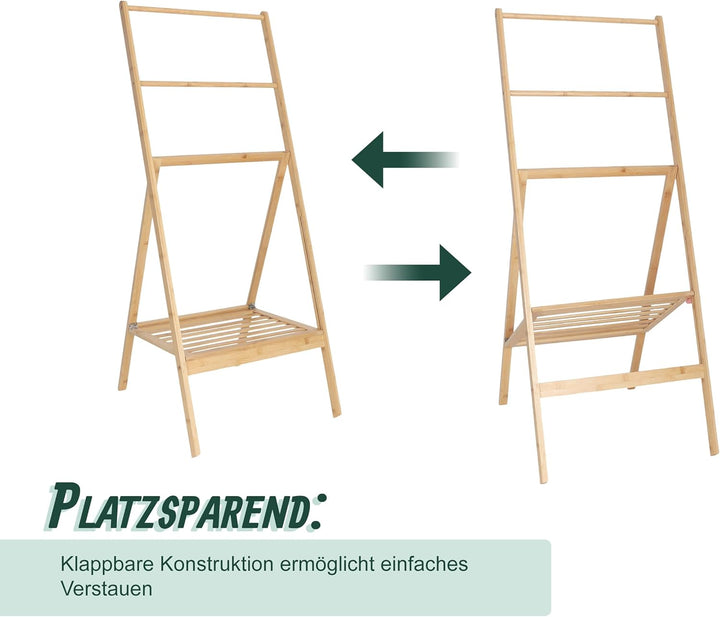 Relaxdays Handtuchständer Bambus, klappbar, Ablage, 3 Stangen, HxBxT: 112 x 55 x 44,5 cm, Handtuchab