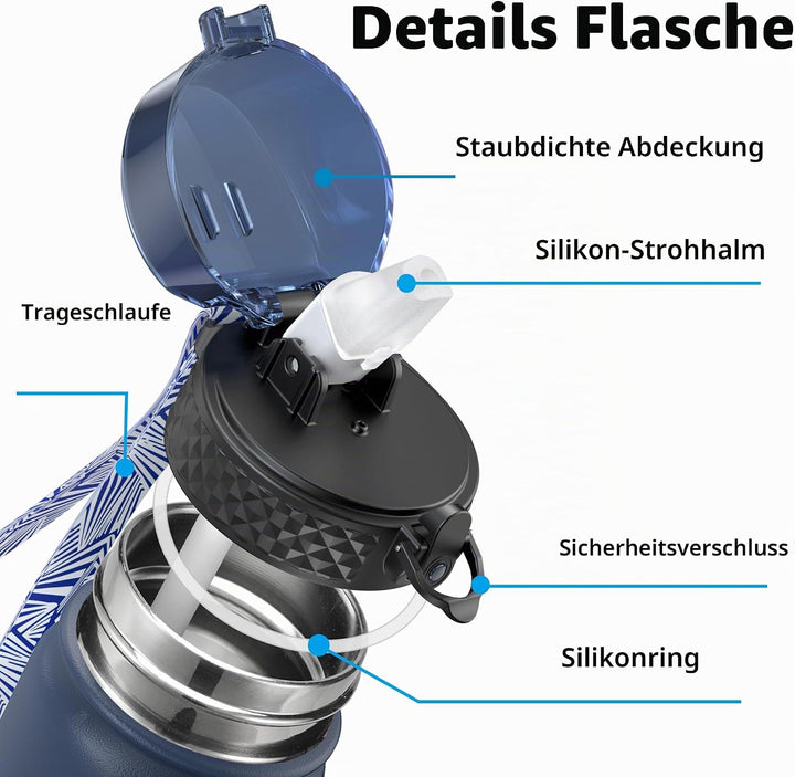 OLDLEY Edelstahl Trinkflasche mit Strohhalm, 1L Isolierte Trinkflasche, Thermosflasche BPA-freie - A