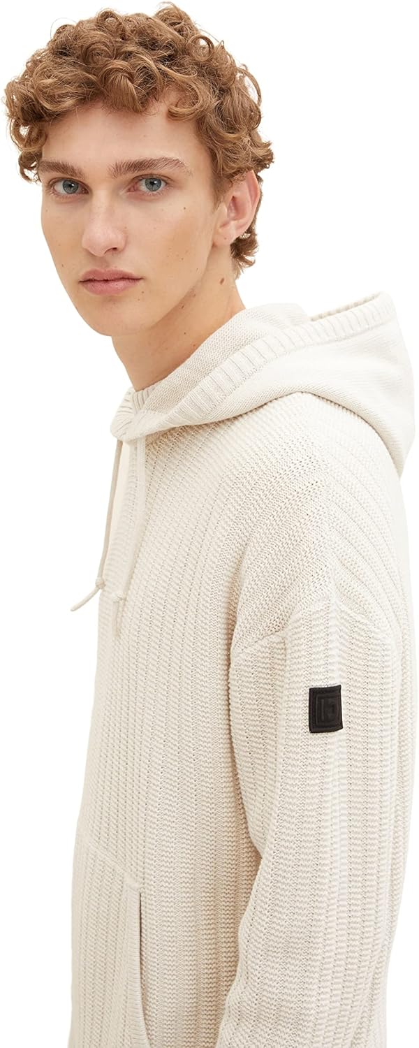 TOM TAILOR Denim Herren Kapuzenpullover mit Rippstruktur S 28225 - Cold Beige Melange, S 28225 - Col