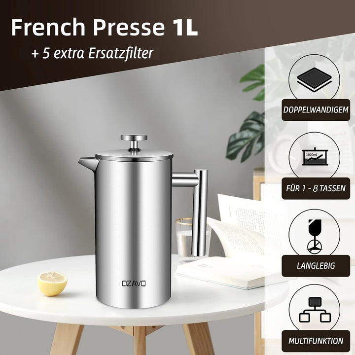 OZAVO Kaffeebereiter 1L French Press Edelstahl Thermo mit 5 Edelstahlfilter Doppelwandig Isoliert Sy