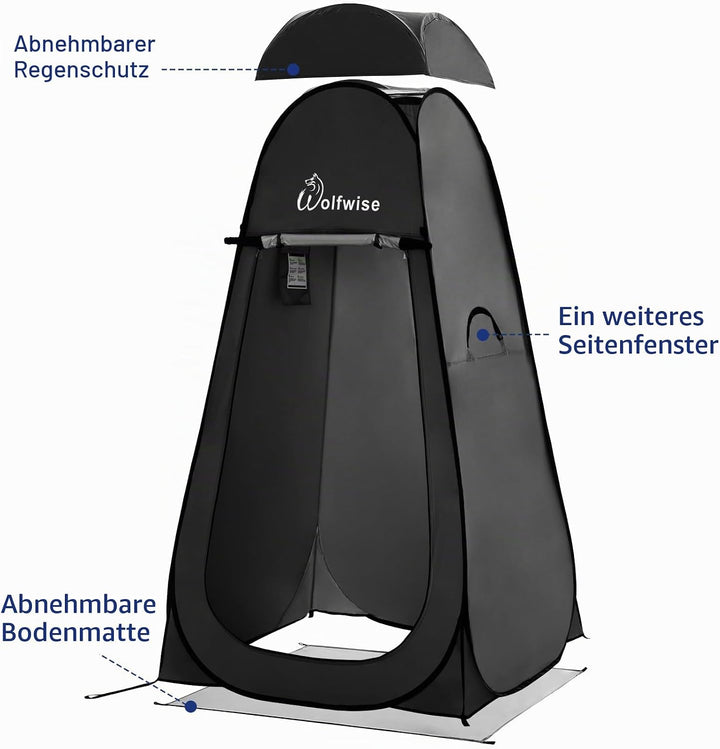 WolfWise PRO Pop Up Duschzelt Camping Silberbeschichtet mit Boden Schwarz Extra Hoch: H 210cm, W 120