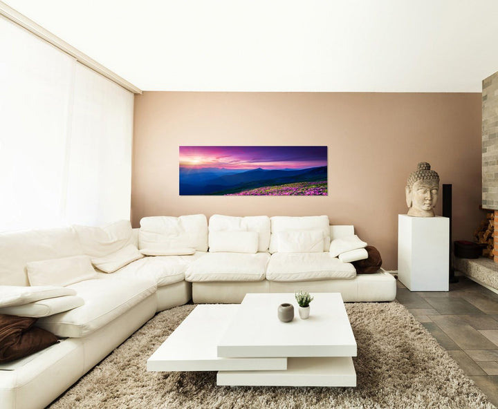 Paul Sinus Art Panoramabild auf Leinwand und Keilrahmen 120x40cm Ukraine Blumen Wiese Berge Sonnenun
