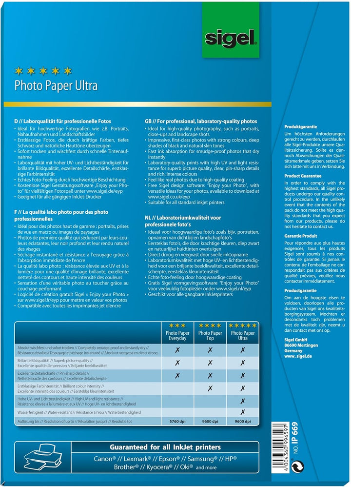 SIGEL IP669 InkJet Fotopapier Ultra, A4, 50 Blatt, seidenmatt, extrem lichtbeständig, 190 g, 50 Blat