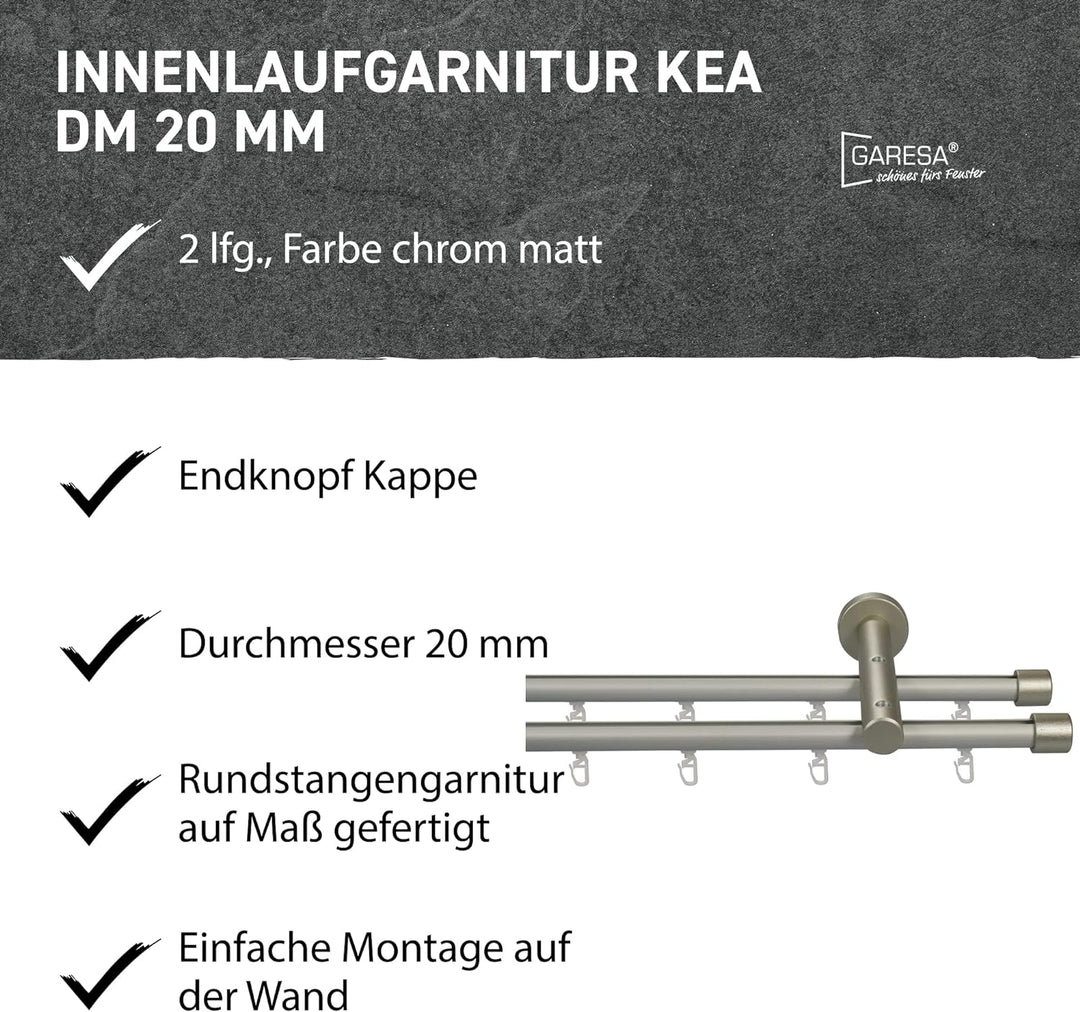 Garesa Gardinenstange Kea Ø 20mm, 2-läufig, Chrom, matt I Aluminium Vorhangstange inkl. Gleiter I En