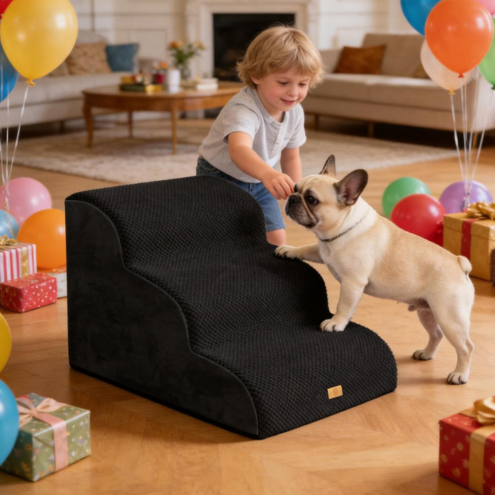Thihome Hundetreppe für Kleine Hunde, Haustiertreppe 3 Stufen, Hochdichtem Schwamm Hundetreppen 40cm