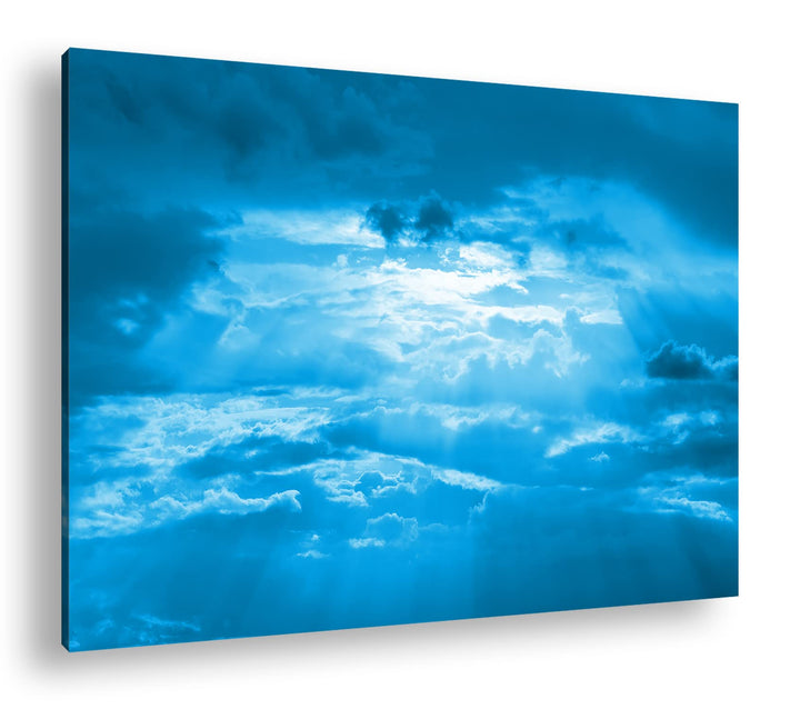 Licht bricht durch die Wolken Format 80x60 Effekt: Monocrome Blau als Leinwandbild, Motiv fertig ger