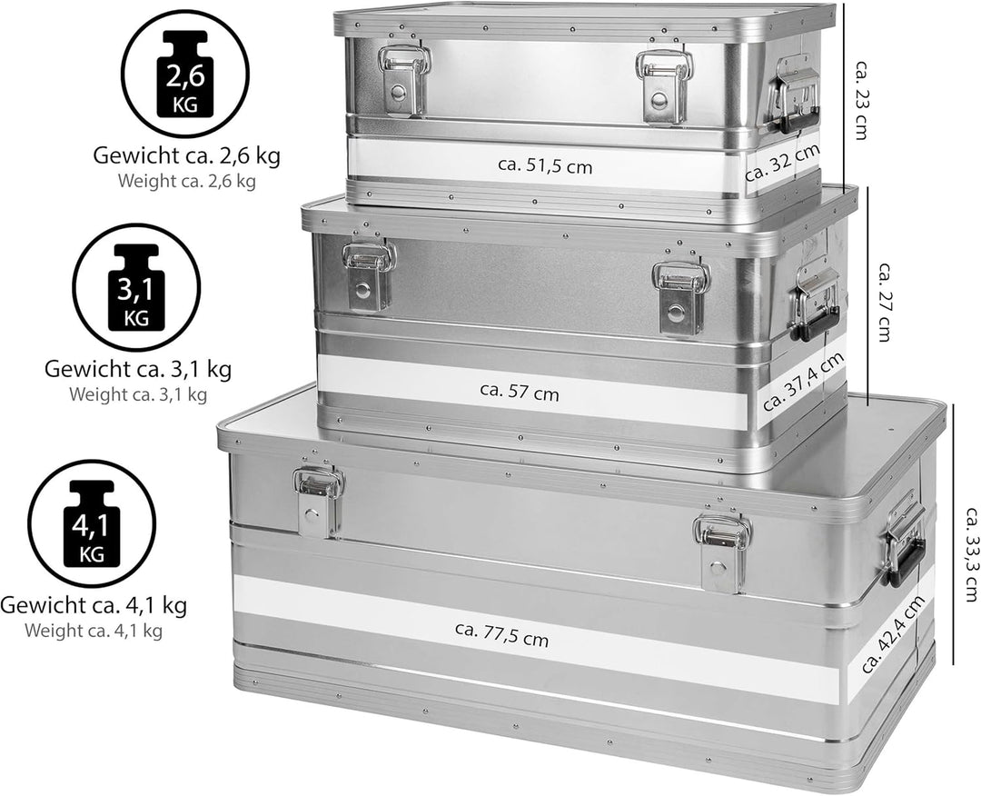 ONVAYA Alubox 3er Set stapelbar | Alukisten mit Deckel | Transportkiste | Aluminiumkiste | Aluminium