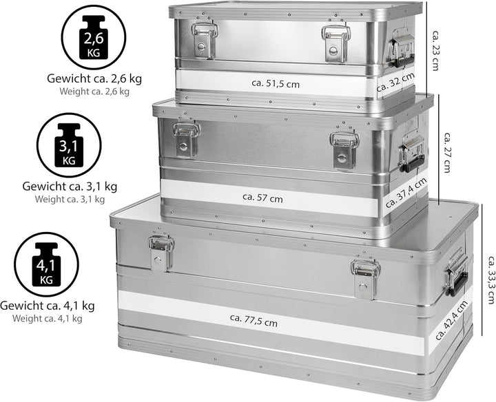 ONVAYA Alubox 3er Set stapelbar | Alukisten mit Deckel | Transportkiste | Aluminiumkiste | Aluminium