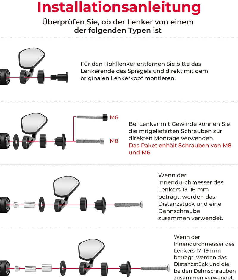 KEMIMOTO Lenkerendenspiegel Motorrad, 2 Stück Motorrad Spiegel Rückspiegel E-geprüft, 360°drehbarer