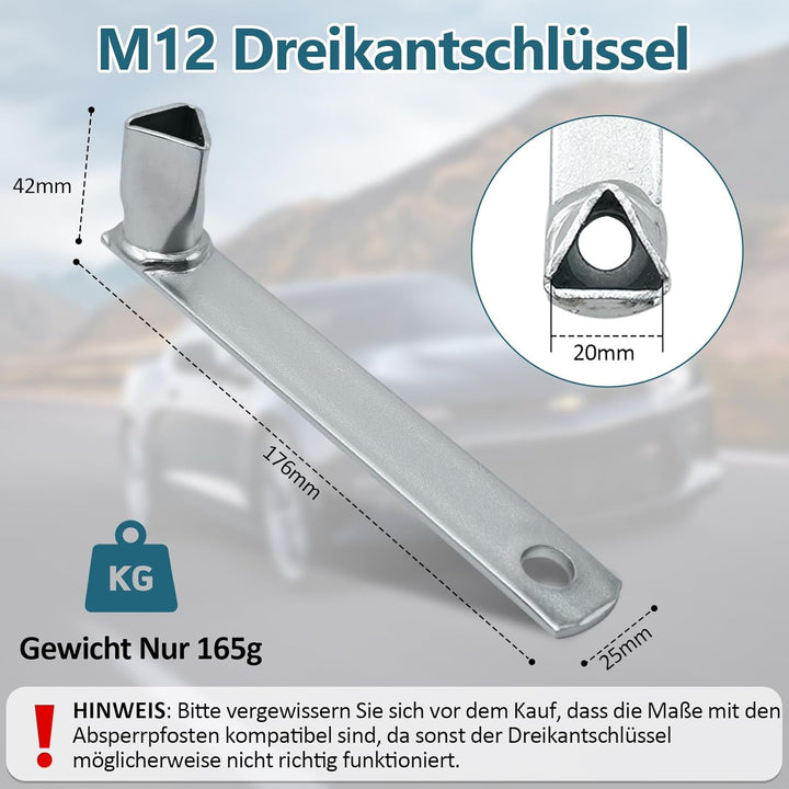 Folzirt 2 Stück M12 Stahl-Dreikantschlüssel für Absperrpfosten, universal Pollerschlüssel Dreikant f