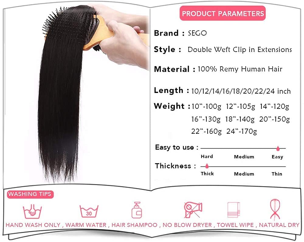 SEGO Clip in Extensions Echthaar 8 Tressen Doppelt Tressen Haarverlängerung 100% Remy Human Haar für