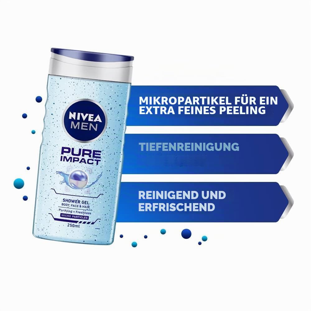 NIVEA MEN Pure Impact Dusch-Shampoo im 6er Pack (6 x 250 ml) Männer Badeschaum für Körper, Gesicht u