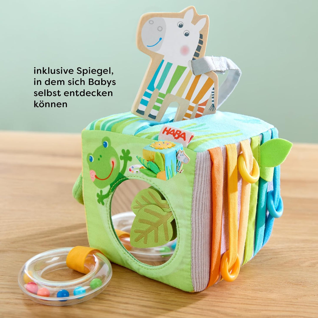 HABA Entdeckerwürfel Zebra – Baby-Sensorik-Würfel mit abnehmbarem Holz-Zebra & Spieleffekten – Babys