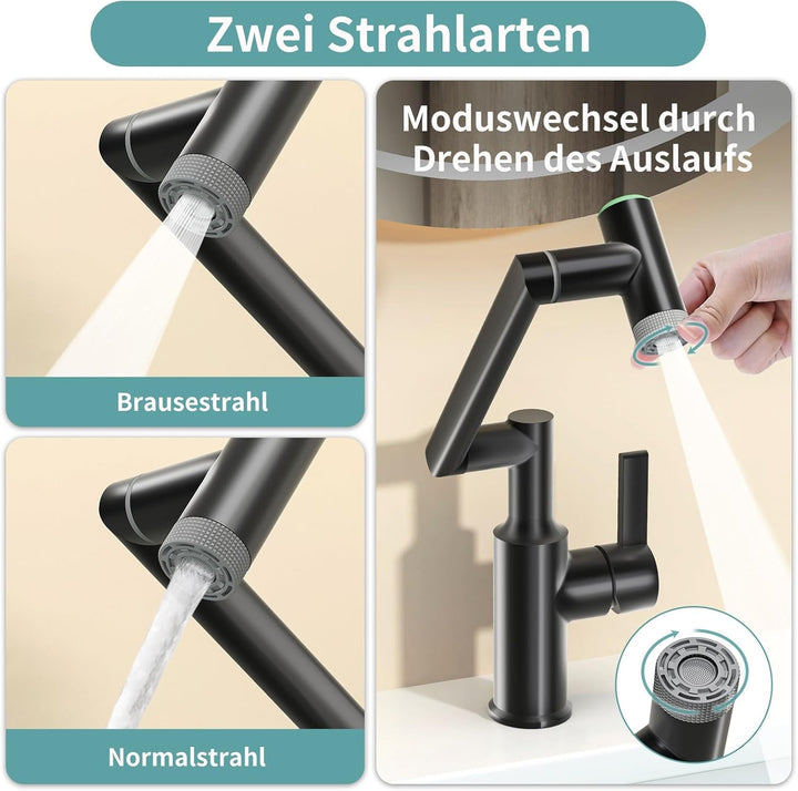 Einloch Waschtischarmatur mit Temperaturanzeige, Einhand Armatur Badezimmer, 1080° schwenkbare Badar