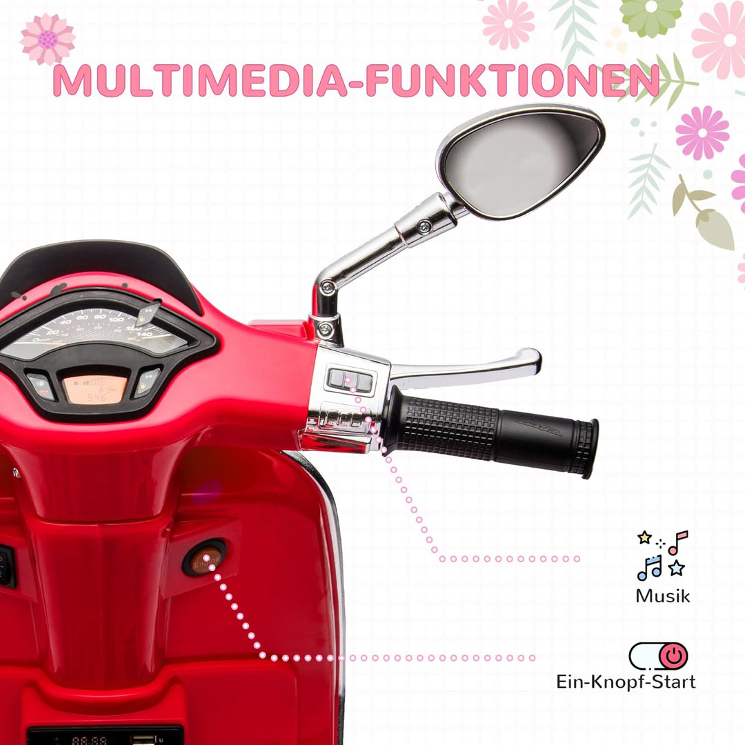 AIYAPLAY Elektro Kindermotorrad, Vespa 6V Elektromotorrad mit MP3, USB, FM-Radio, LED-Scheinwerfer,