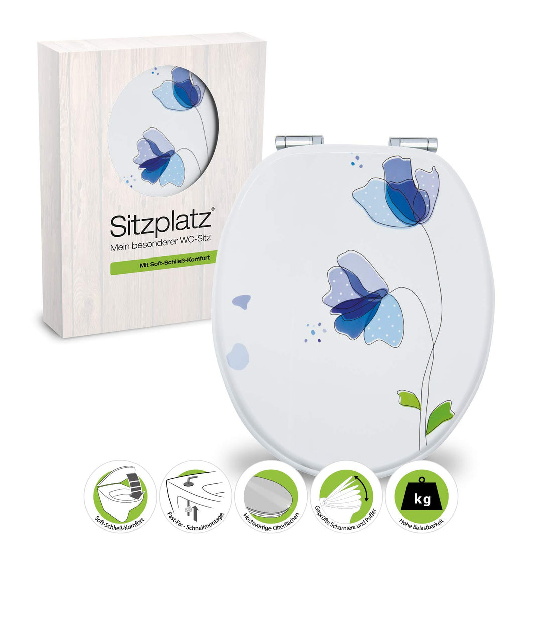 SITZPLATZ® WC-Sitz mit Absenkautomatik, Blumen Dekor Flora Blau, Toilettensitz mit Holz-Kern &amp; Schne