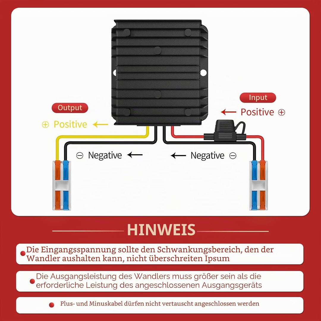 24V auf 12V 10A 120W, Spannungswandler 24V zu 12V mit Sicherung Wasserdicht und Schnellverbinder Kab
