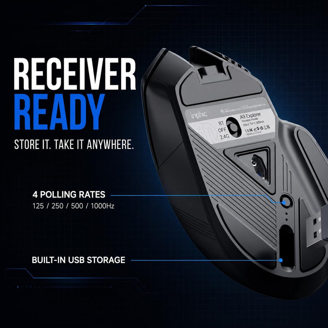 inphic A9 Explorer Bluetooth Maus, Dual-Mode Bluetooth 5.0/2.4G Maus kabellos Aufladbar, 2400 DPI, R