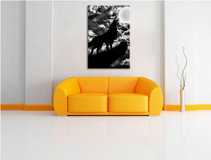 Pixxprint Wolf im Mondschein als Leinwandbild | Grösse: 100x70 cm | Wandbild | Kunstdruck | fertig b