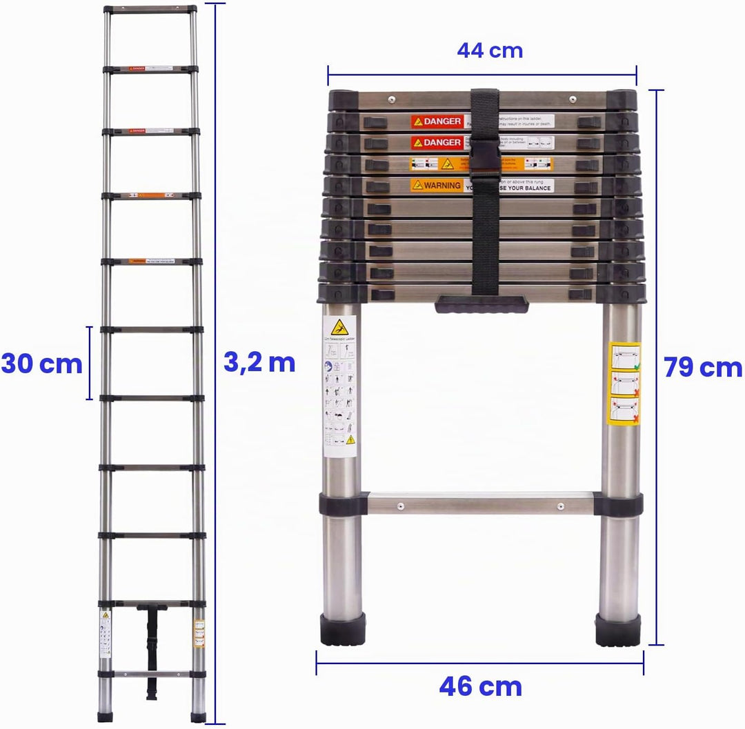 Teleskopleiter 3,2M, Klappleiter, Edelstahl, Leiter max. 150 kg,von Wohnmobilen, Gartenarbeiten, Rep