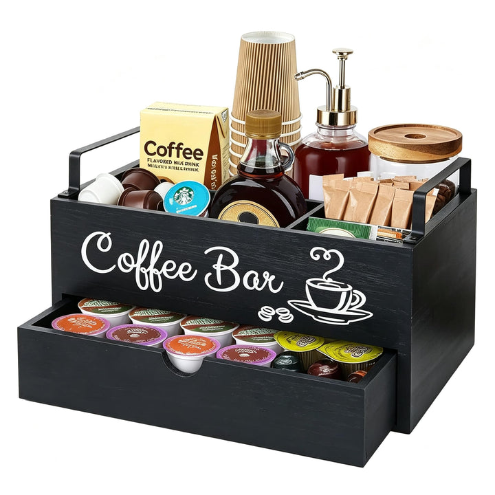 Kaffe Organizer aus Holz, hölzerne Kaffe-Bar-Zubehör-Organisator mit Schublade Landhaus Kaffee-Pods
