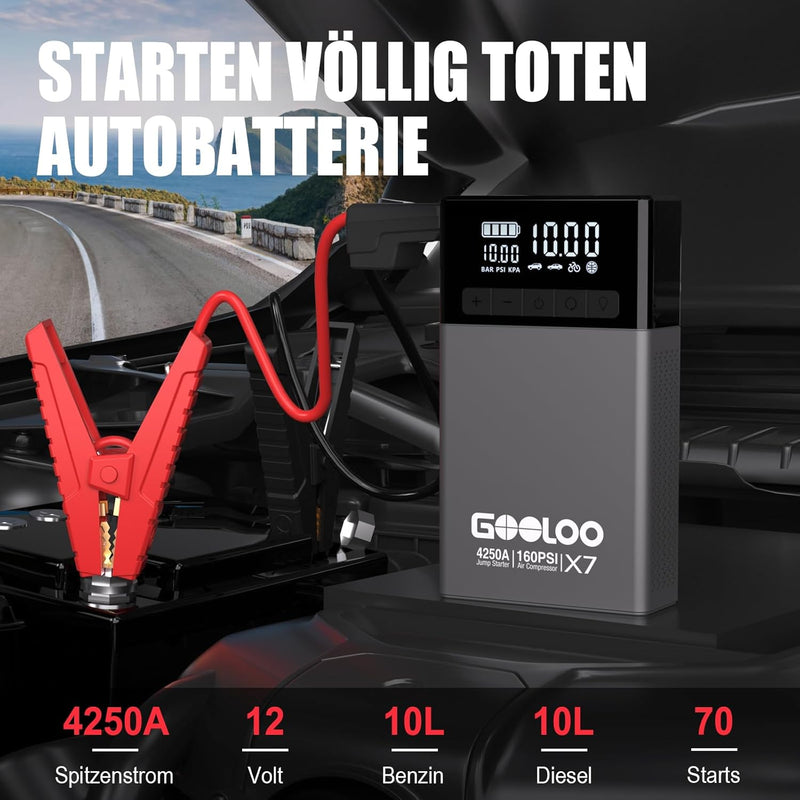 GOOLOO X7 4250A Starthilfe Powerbank mit Kompressor,Starthilfe mit Digitalem Reifenfüller 160 PSI, 1