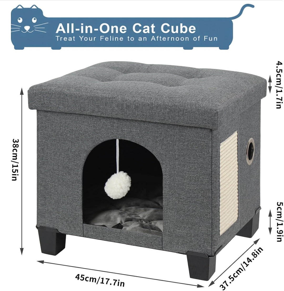 BRIAN & DANY Katzenhöhle, Leinen Katzenhaus Höhle für Katzen mit Kratzbrett und Spielball, 45 x 37.5