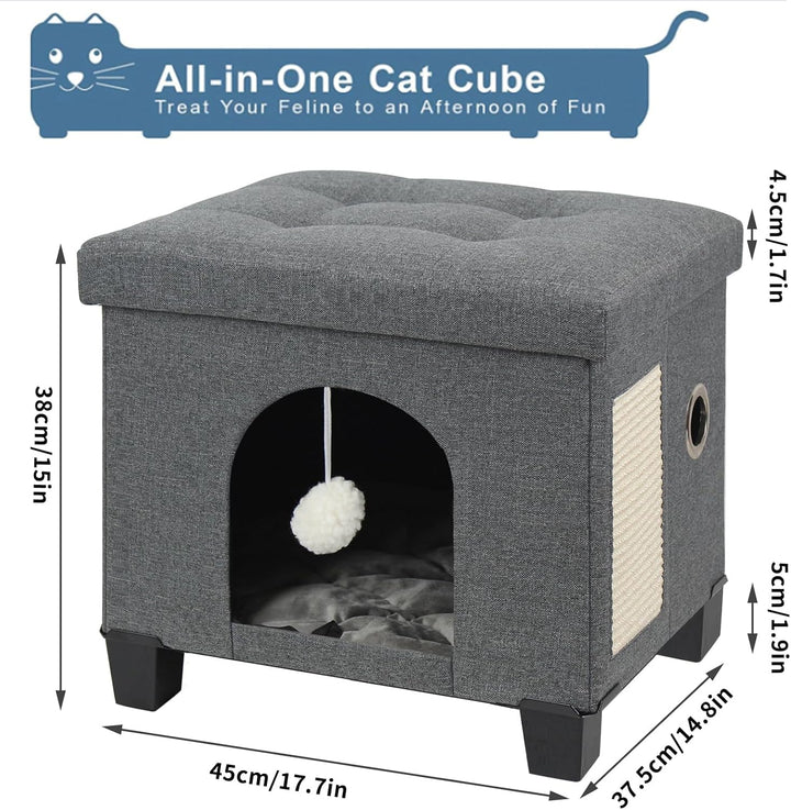 BRIAN & DANY Katzenhöhle, Leinen Katzenhaus Höhle für Katzen mit Kratzbrett und Spielball, 45 x 37.5