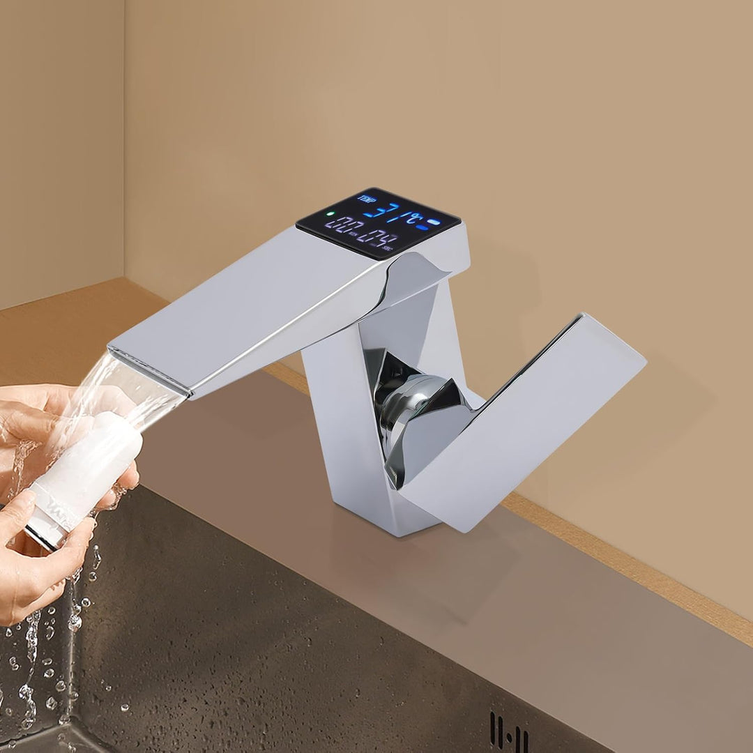 Wasserfall Wasserhahn, Armatur Badezimmer mit LED-Anzeige Kalt und heiss Wasser Hydroelektrische Ene