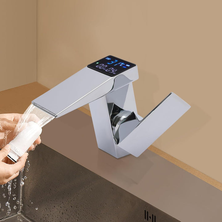 Wasserfall Wasserhahn, Armatur Badezimmer mit LED-Anzeige Kalt und heiss Wasser Hydroelektrische Ene
