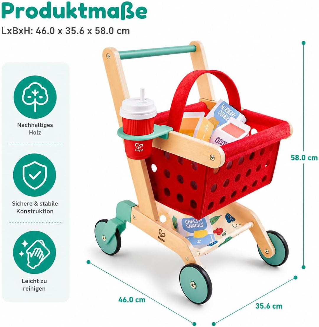 Hape Little Shopper Einkaufswagen aus Holz – Kinder Einkaufswagen mit Korb &amp; Zubehör – Kaufladen Zub