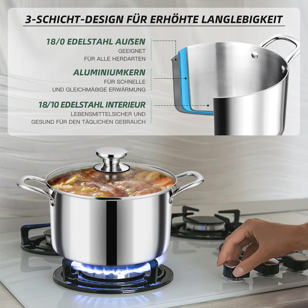 Onader Kochtopf, 3-Lagen Edeastahl Topf Induktion, 3,3L Kochtöpfe Nudeltopf Suppentopf mit Glasdecke