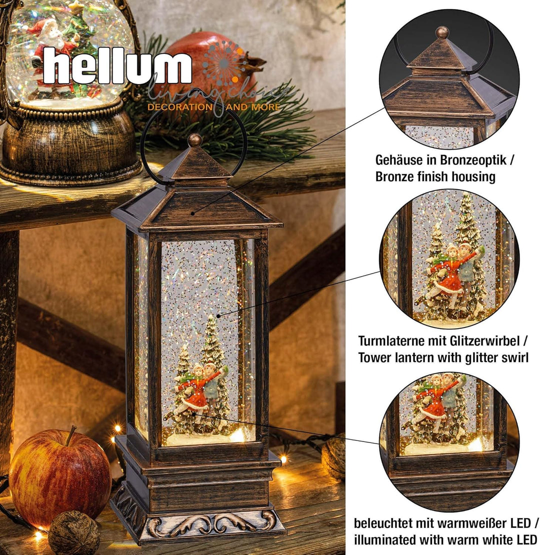 Hellum LED Laterne, Schneekugel Weihnachten mit Eislaufpaar für innen, Timerfunktion, 31cm, Schneege